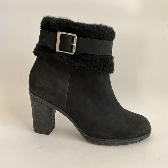 Timberland Leather Ortholite Faux Fur Cuff Buckle Bootie Black 8.5 - Picture 2 of 12